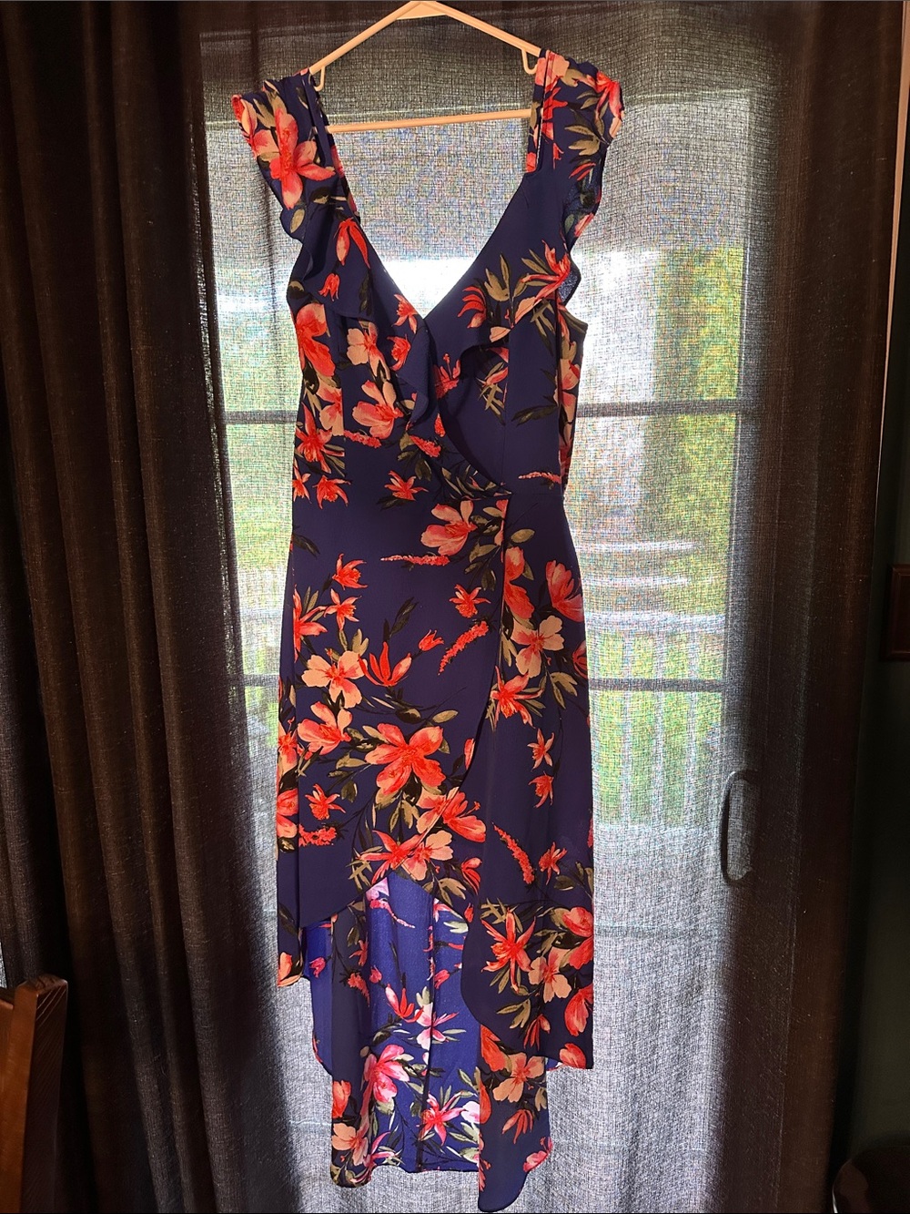 IZ Byer Floral Navy Wrap Dress with Ruffle Shoulders XXL